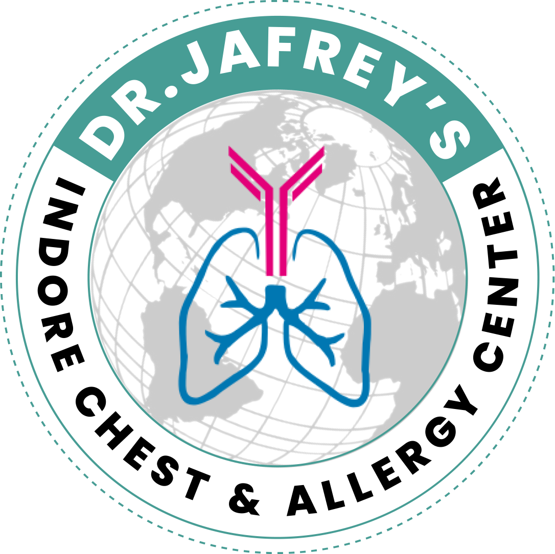 Logo of Dr. Jafrey’s Indore Chest & Allergy Center showing lungs, antibody symbol, and globe in background.