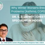 A woman experiencing breathing difficulty in winter, with Dr. S. Z. Jafrey’s photo and clinic branding, highlighting asthma and COPD awareness by a Chest Specialist in Indore.