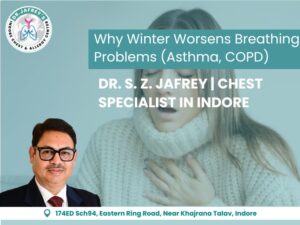 A woman experiencing breathing difficulty in winter, with Dr. S. Z. Jafrey’s photo and clinic branding, highlighting asthma and COPD awareness by a Chest Specialist in Indore.