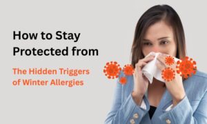 Woman sneezing due to winter allergies and indoor allergy triggers requiring allergy treatment in Indore