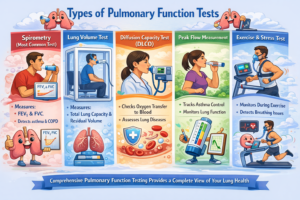 Creative infographic of pulmonary function tests including spirometry, DLCO, lung volume, peak flow, and exercise test at Dr Jafrey’s Indore Chest & Allergy Centre for lung health care in Indore.