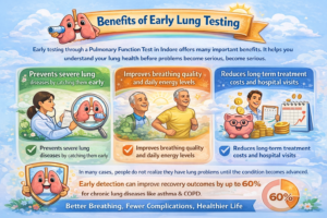 Benefits of early lung testing infographic showing prevention of lung diseases, improved breathing, and reduced costs at Dr Jafrey’s Indore Chest & Allergy Centre for pulmonary function test in Indore.