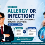 Medical infographic titled “Allergy or Infection? How to Tell the Difference Between Symptoms,” comparing allergy and infection symptoms such as sneezing, itchy eyes, runny nose, watery eyes, fever, cough with mucus, sore throat, and body aches.