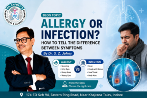 Medical infographic titled “Allergy or Infection? How to Tell the Difference Between Symptoms,” comparing allergy and infection symptoms such as sneezing, itchy eyes, runny nose, watery eyes, fever, cough with mucus, sore throat, and body aches.