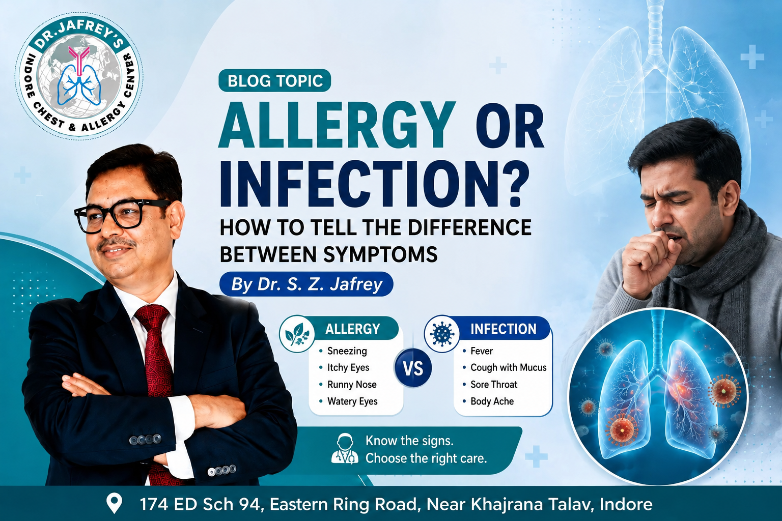 Medical infographic titled “Allergy or Infection? How to Tell the Difference Between Symptoms,” comparing allergy and infection symptoms such as sneezing, itchy eyes, runny nose, watery eyes, fever, cough with mucus, sore throat, and body aches.
