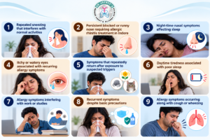 Can Allergic Rhinitis Affect Sleep and Daily Productivity? | Allergist in Indore 6 Allergy Symptoms Infographic Grid